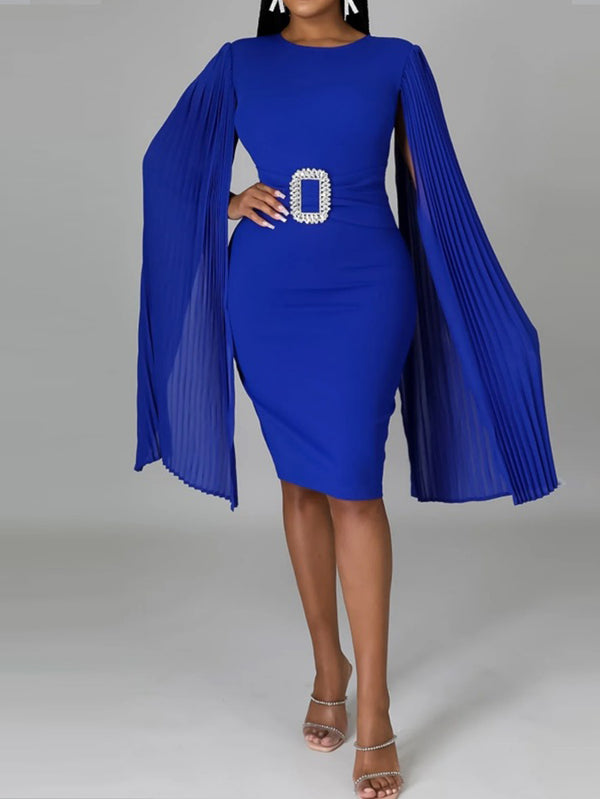 Bodycon Midi Dress with Pleated Cape Sleeves and Buckle