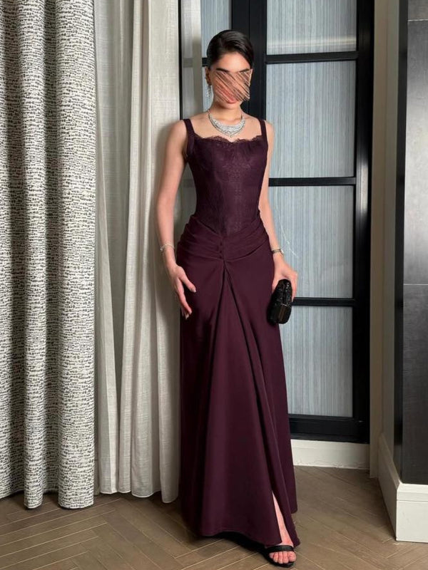 Sleeveless Evening Gown with Corset Lace Bodice and Draped Skirt