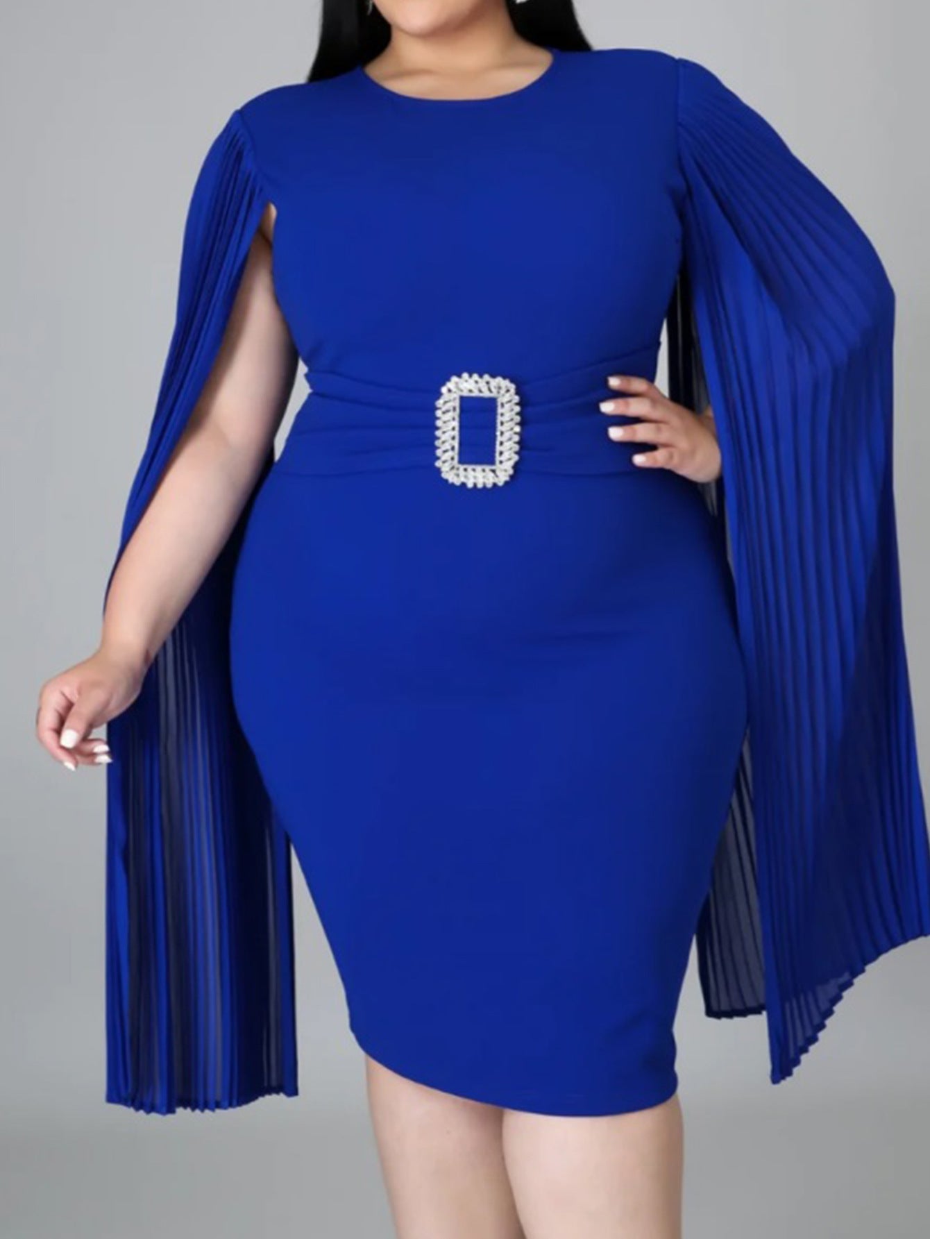 Bodycon Midi Dress with Pleated Cape Sleeves and Buckle