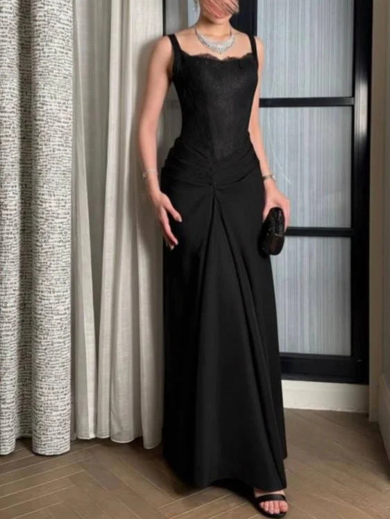 Sleeveless Evening Gown with Corset Lace Bodice and Draped Skirt