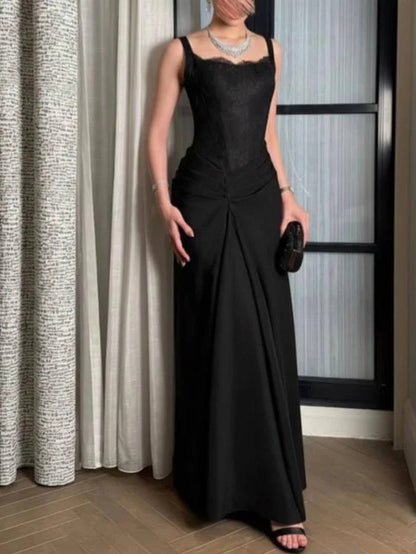 Sleeveless Evening Gown with Corset Lace Bodice and Draped Skirt