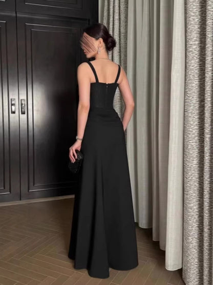 Sleeveless Evening Gown with Corset Lace Bodice and Draped Skirt