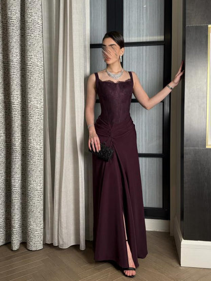 Sleeveless Evening Gown with Corset Lace Bodice and Draped Skirt