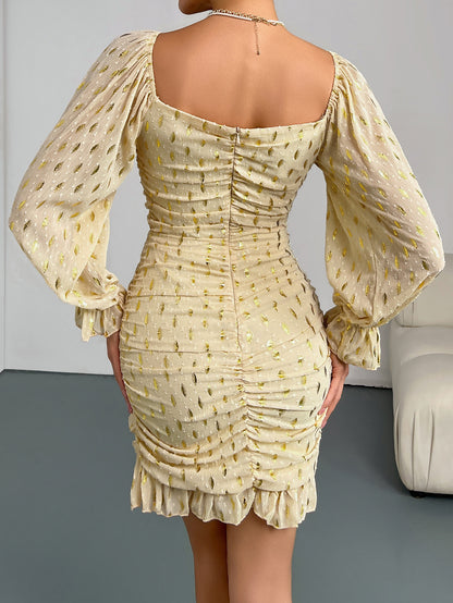 Gold Foil Print Ruched Mini Dress with V-Neck and Long Sleeves