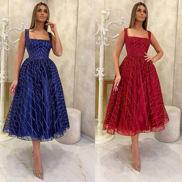 A-Line Midi Dress in Sequined Lattice with Square Neck
