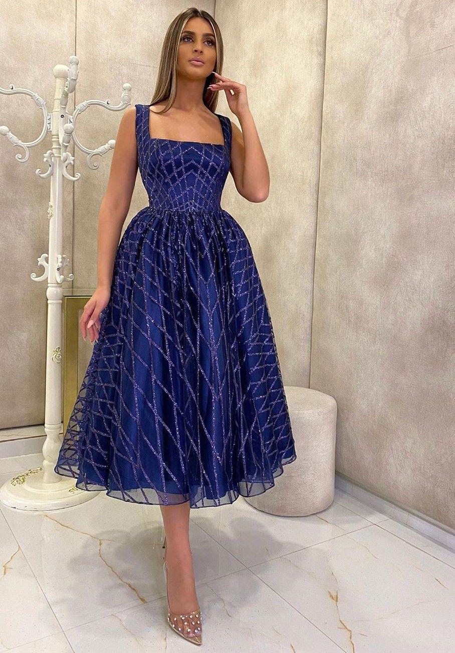 A-Line Midi Dress in Sequined Lattice with Square Neck