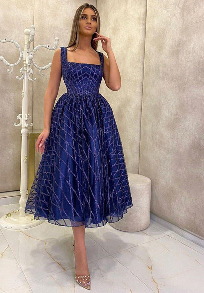A-Line Midi Dress in Sequined Lattice with Square Neck