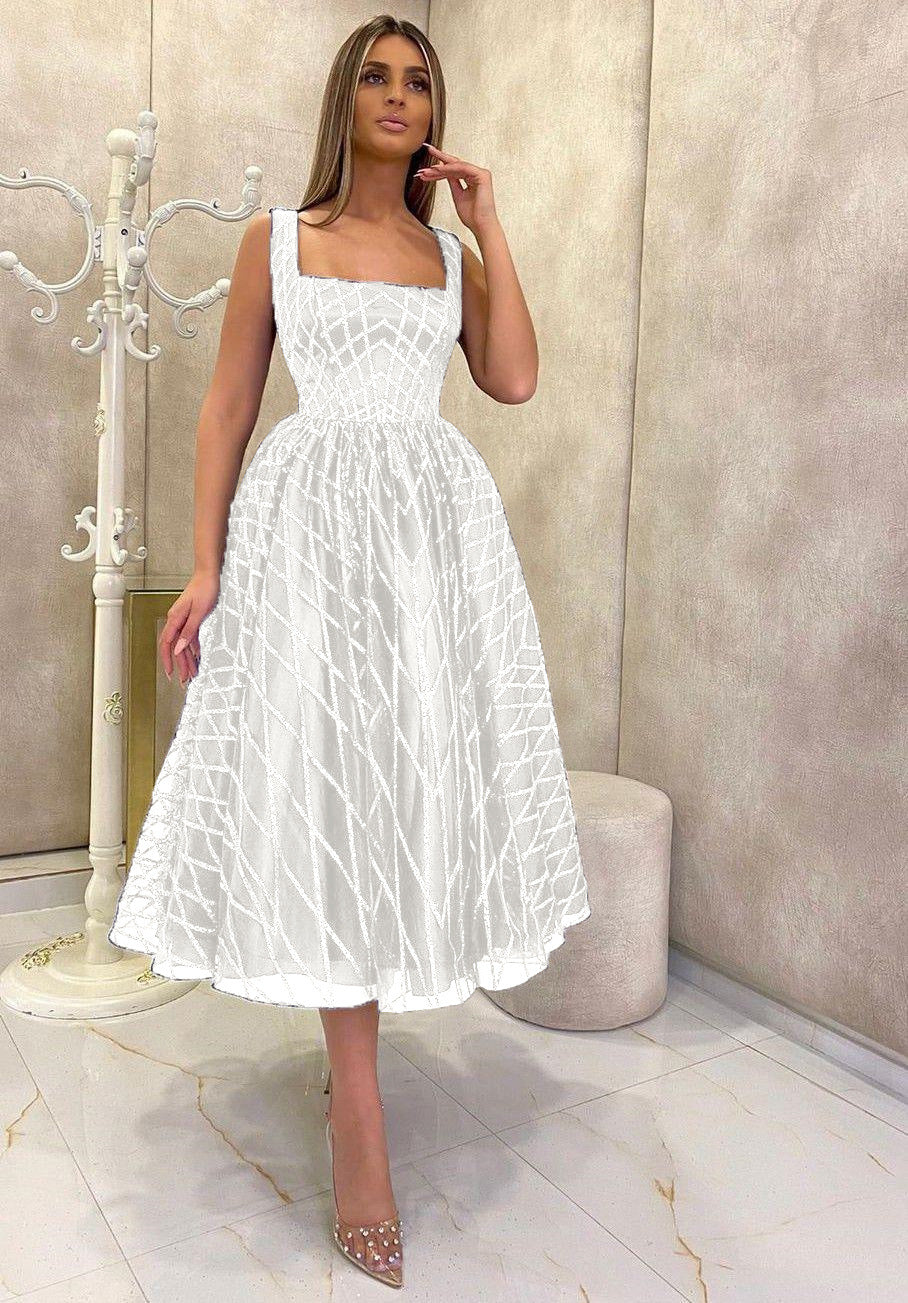 A-Line Midi Dress in Sequined Lattice with Square Neck