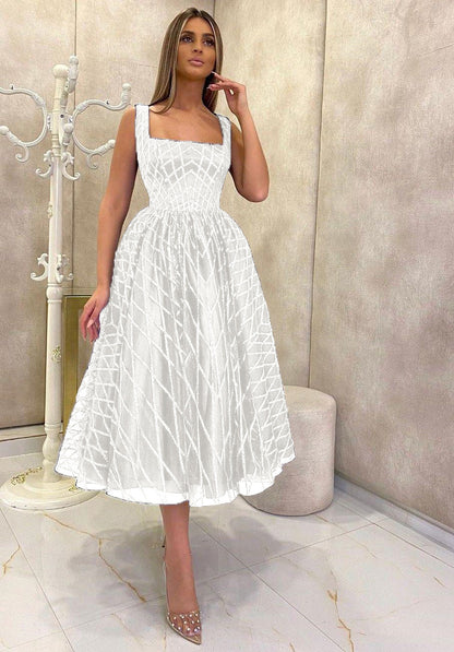 A-Line Midi Dress in Sequined Lattice with Square Neck