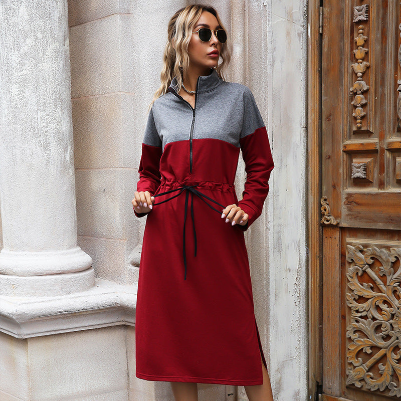 Color-Blocked Midi Sweatshirt Dress with Half-Zip and Drawstring Waist