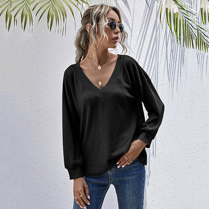 Loose V-Neck Waffle Knit Pullover with Long Sleeves