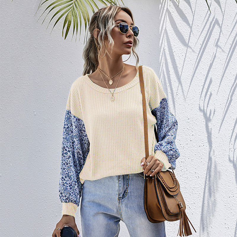 Patchwork Waffle Knit Top with Floral Print Sleeves