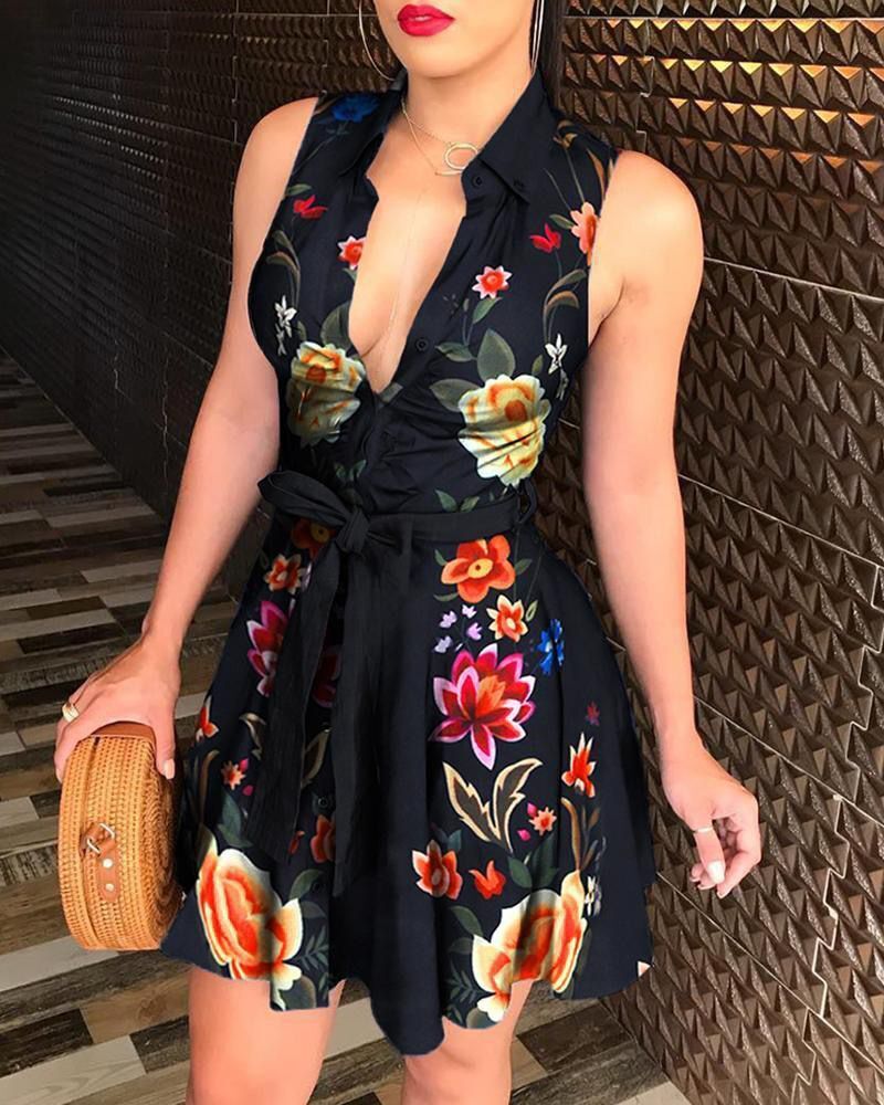 Scarf Print A-Line Mini Dress with Collared V-Neck and Tie-Waist