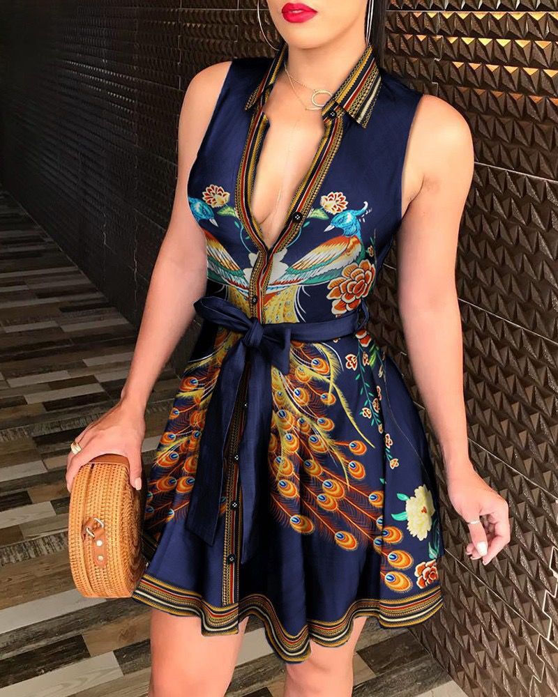 Scarf Print A-Line Mini Dress with Collared V-Neck and Tie-Waist