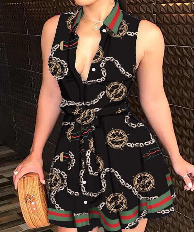 Scarf Print A-Line Mini Dress with Collared V-Neck and Tie-Waist