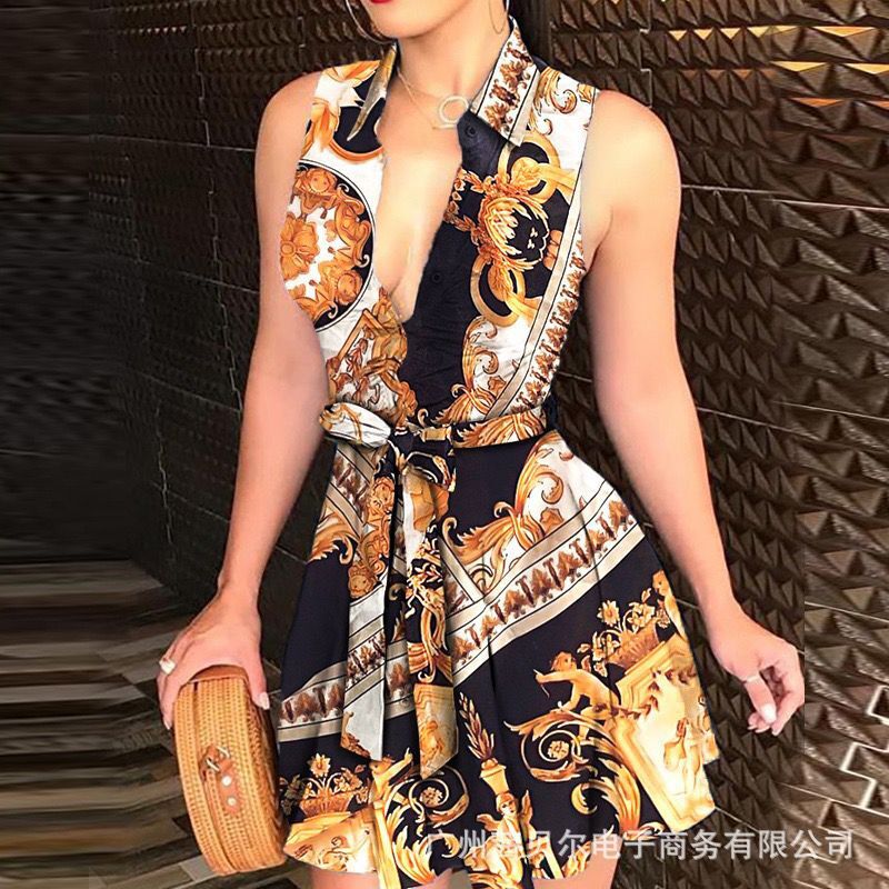 Scarf Print A-Line Mini Dress with Collared V-Neck and Tie-Waist
