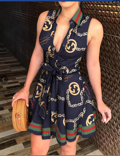 Scarf Print A-Line Mini Dress with Collared V-Neck and Tie-Waist