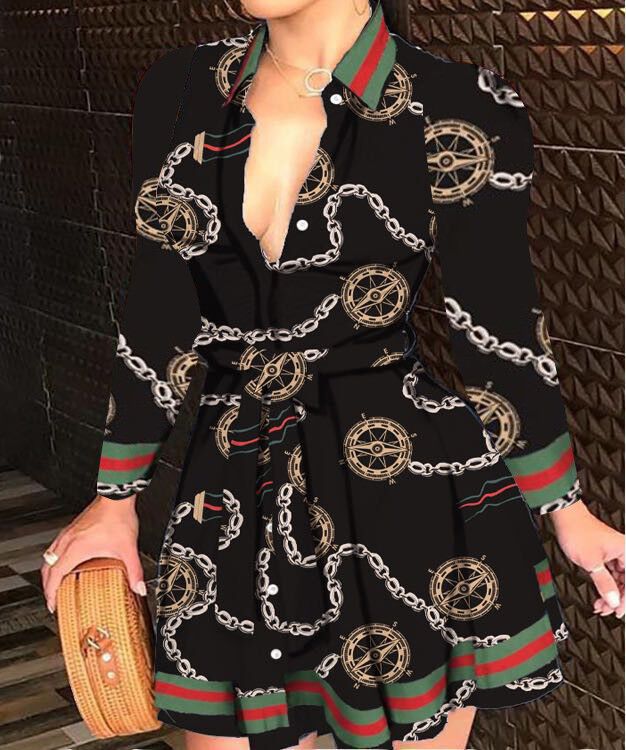 Printed A-Line Shirt Dress with Tie-Waist