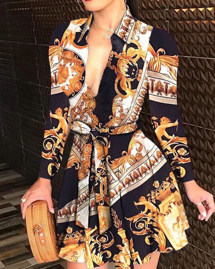 Printed A-Line Shirt Dress with Tie-Waist