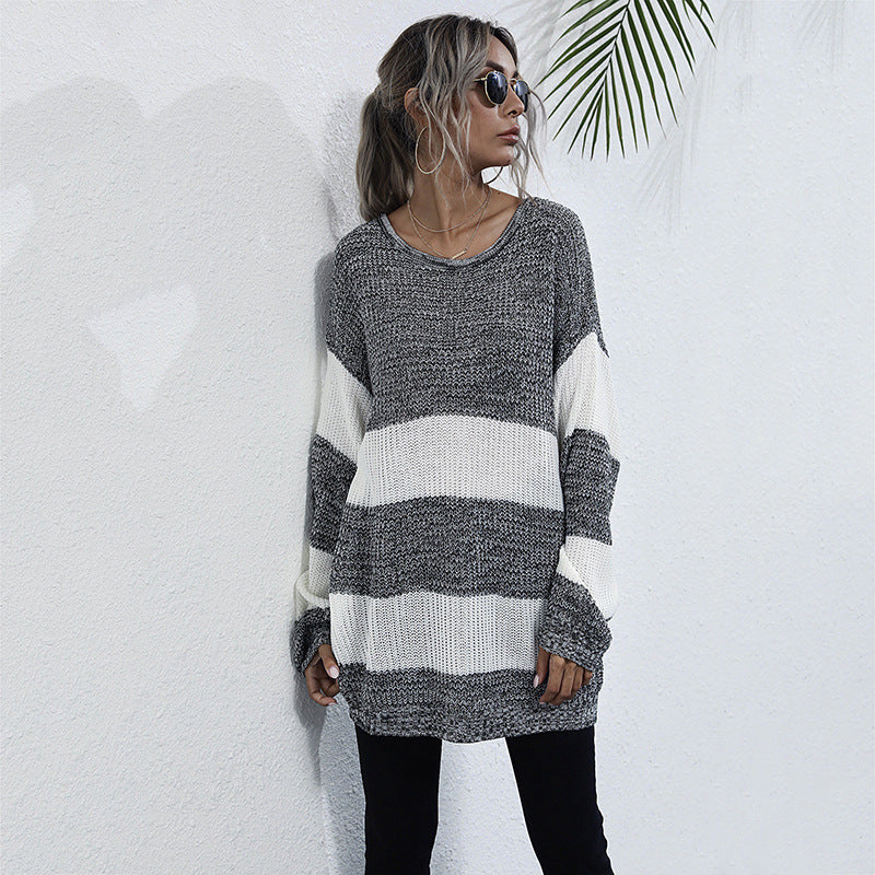 Oversized Striped Color-Blocked Knit Sweater with Crewneck