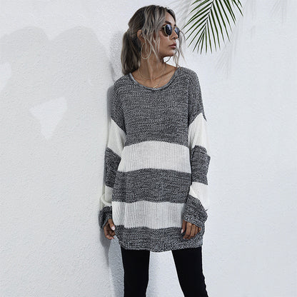 Oversized Striped Color-Blocked Knit Sweater with Crewneck