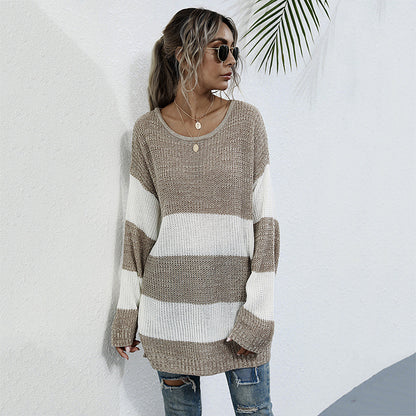 Oversized Striped Color-Blocked Knit Sweater with Crewneck