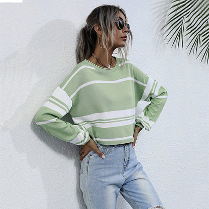 Striped Cropped Knit Sweater with Crewneck