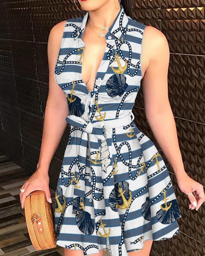 Scarf Print A-Line Mini Dress with Collared V-Neck and Tie-Waist