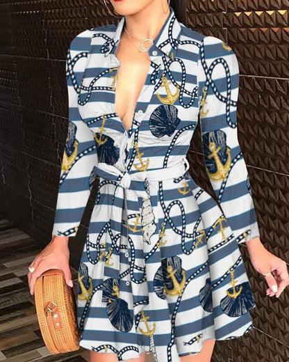 Printed A-Line Shirt Dress with Tie-Waist