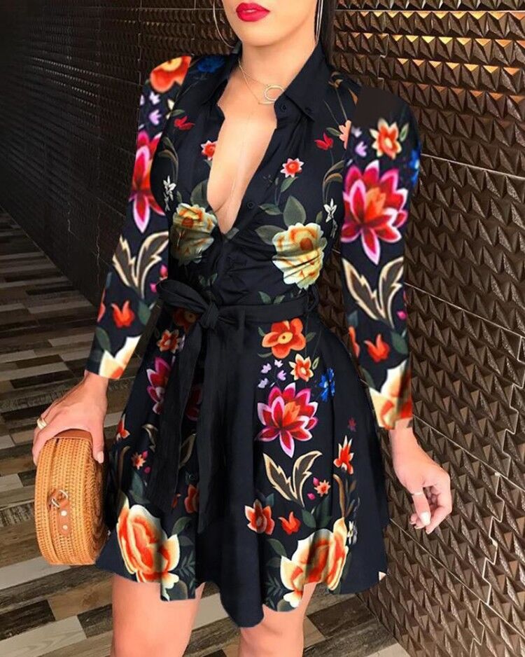 Printed A-Line Shirt Dress with Tie-Waist