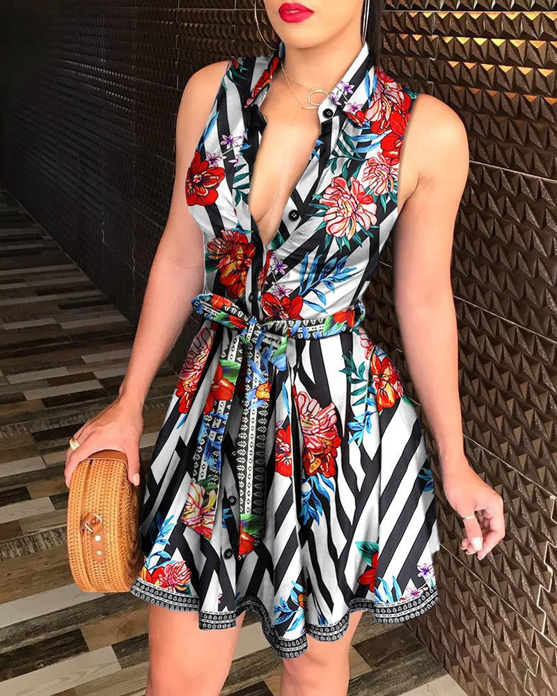 Scarf Print A-Line Mini Dress with Collared V-Neck and Tie-Waist