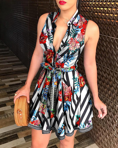 Scarf Print A-Line Mini Dress with Collared V-Neck and Tie-Waist