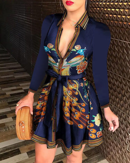 Printed A-Line Shirt Dress with Tie-Waist
