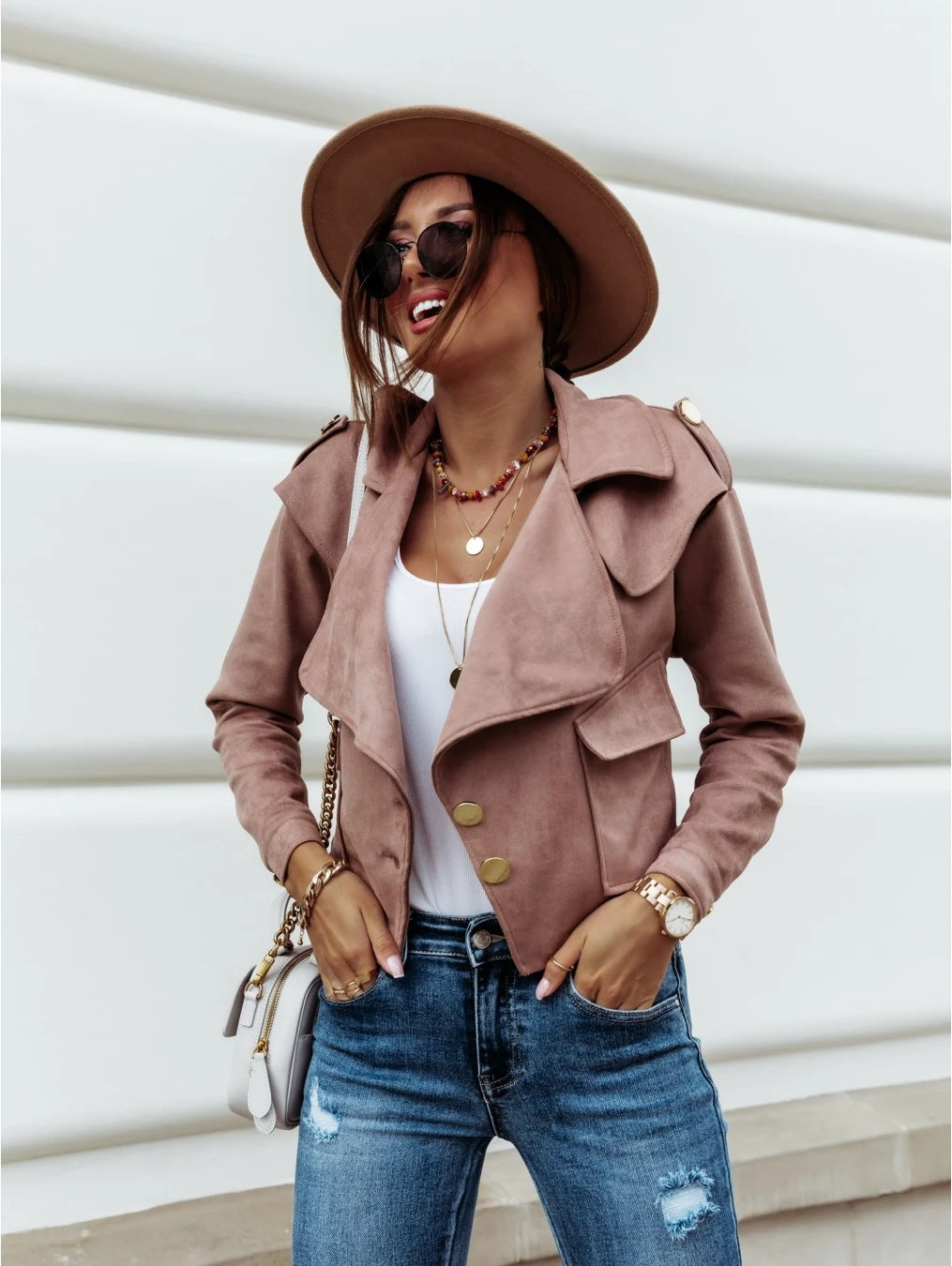 Cropped Faux Suede Jacket with Draped Lapel and Double-breasted Buttons