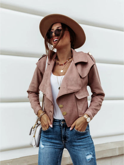 Cropped Faux Suede Jacket with Draped Lapel and Double-breasted Buttons