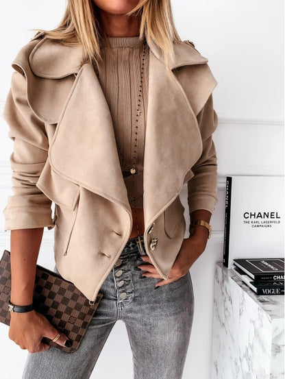 Cropped Faux Suede Jacket with Draped Lapel and Double-breasted Buttons