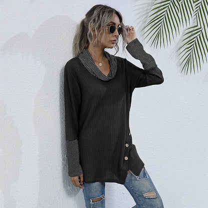 Loose Waffle Knit Tunic with Stacked Collar and Button Detail