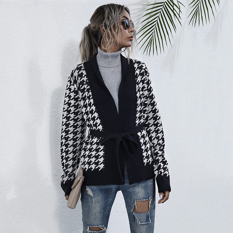 Houndstooth Knit Cardigan with Tie-Waist and V-Neck