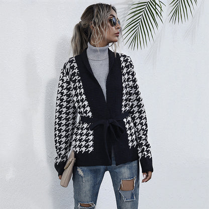 Houndstooth Knit Cardigan with Tie-Waist and V-Neck