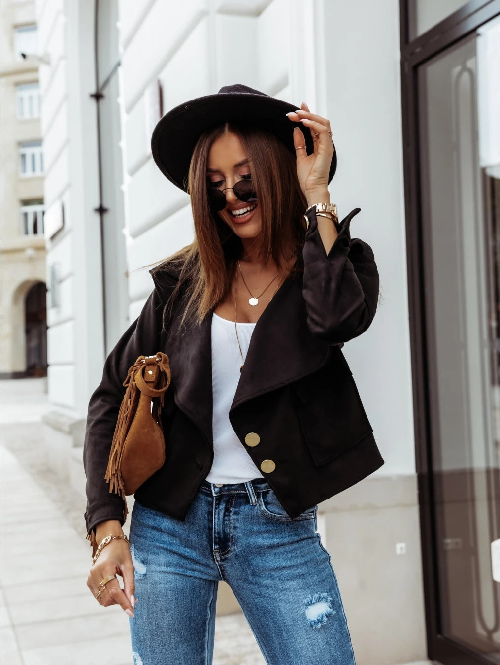 Cropped Faux Suede Jacket with Draped Lapel and Double-breasted Buttons