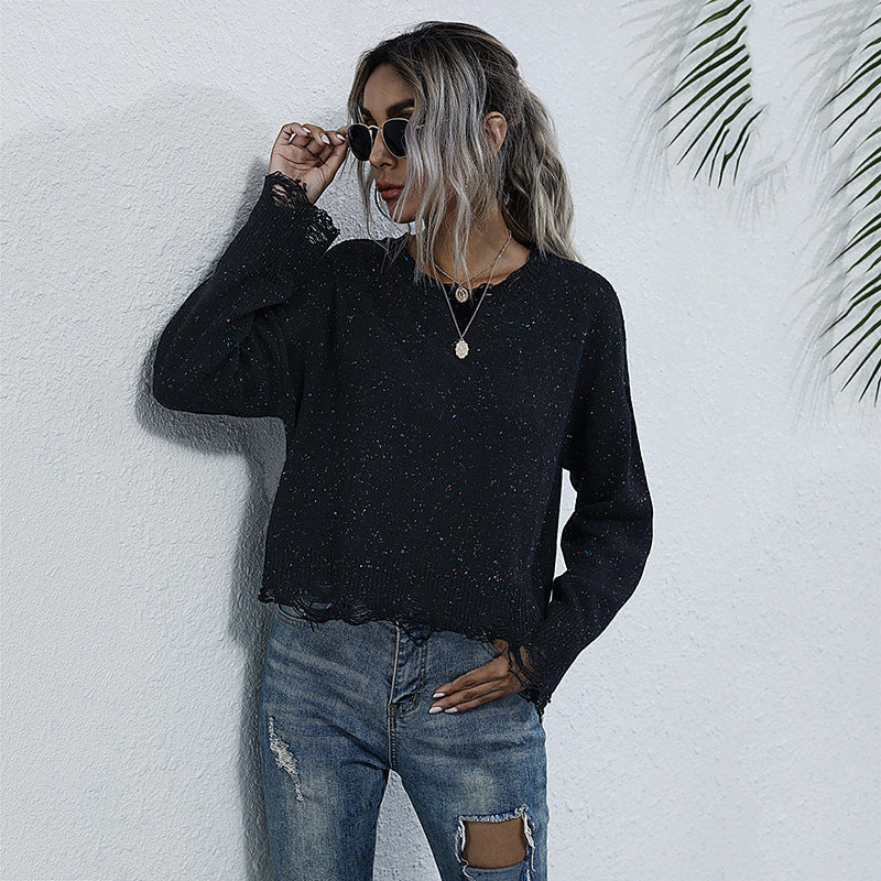 Cropped Loose Knit Sweater with Distressed Hems