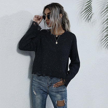 Cropped Loose Knit Sweater with Distressed Hems