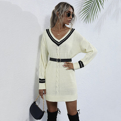 Cable Knit Mini Sweater Dress with Striped V-Neck