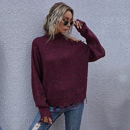 Loose Knit Pullover with Ripped Shoulder and Mock Neck