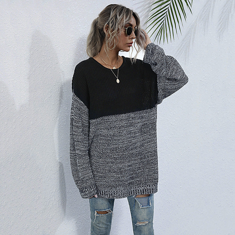 Oversized Color-Block Knit Sweater with Crewneck