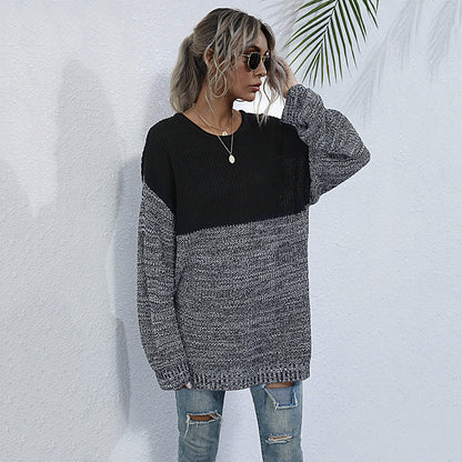 Oversized Color-Block Knit Sweater with Crewneck