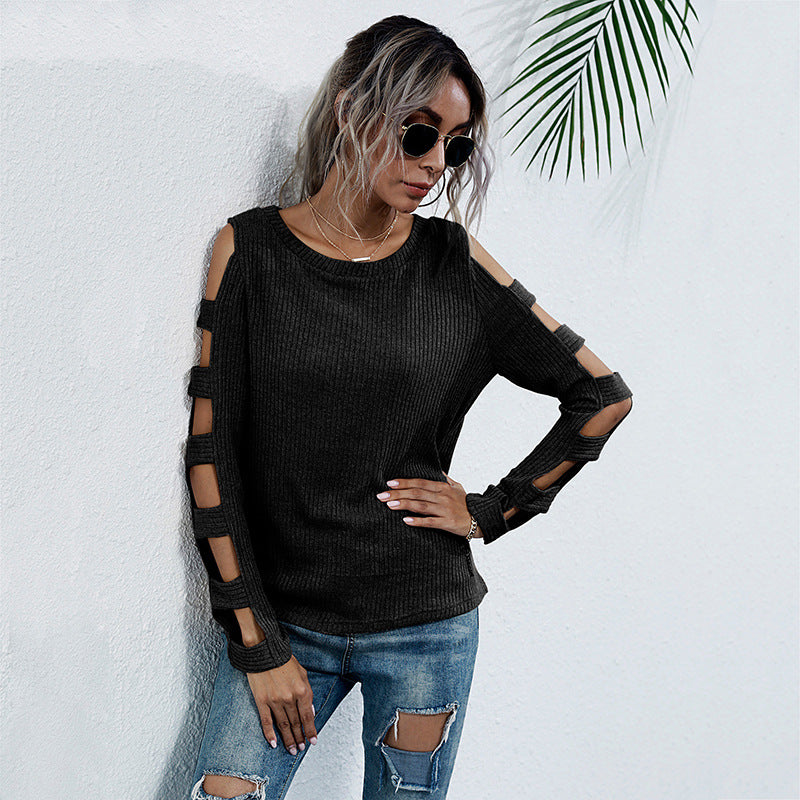 Slim-Fit Ribbed Top with Cut-Out Cold-Shoulder Sleeves