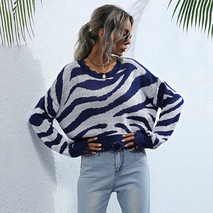 Zebra Print Cropped Knit Sweater with Distressed Hem