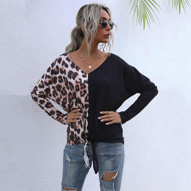 Leopard Print Patchwork Waffle Knit Top with Tie-Front Detail