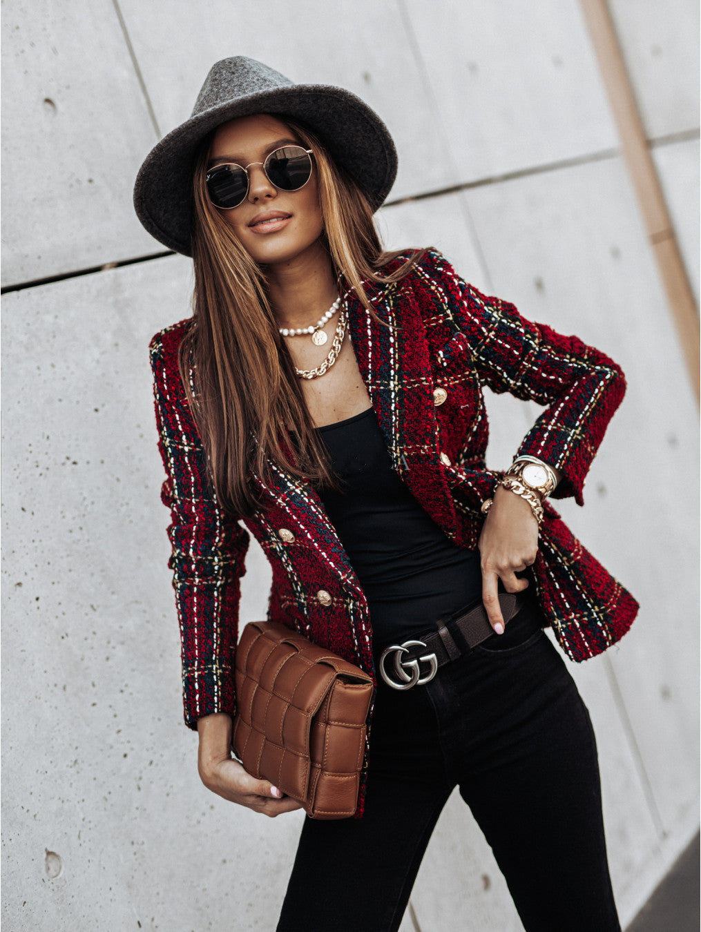 Tweed Plaid Double-Breasted Blazer